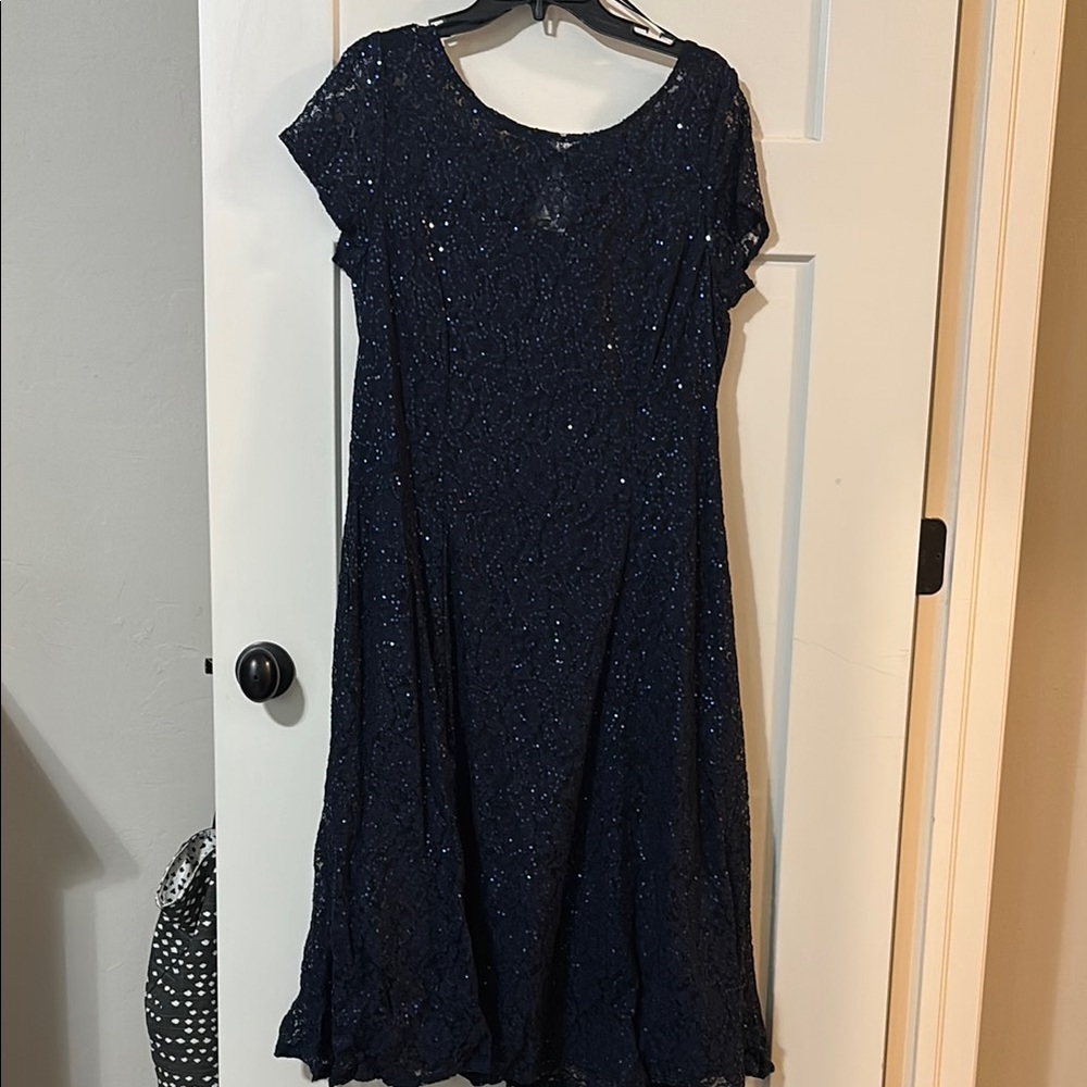 SLNY Blue A-Line Knee-Length Sequin Dress with Flutter Sleeves